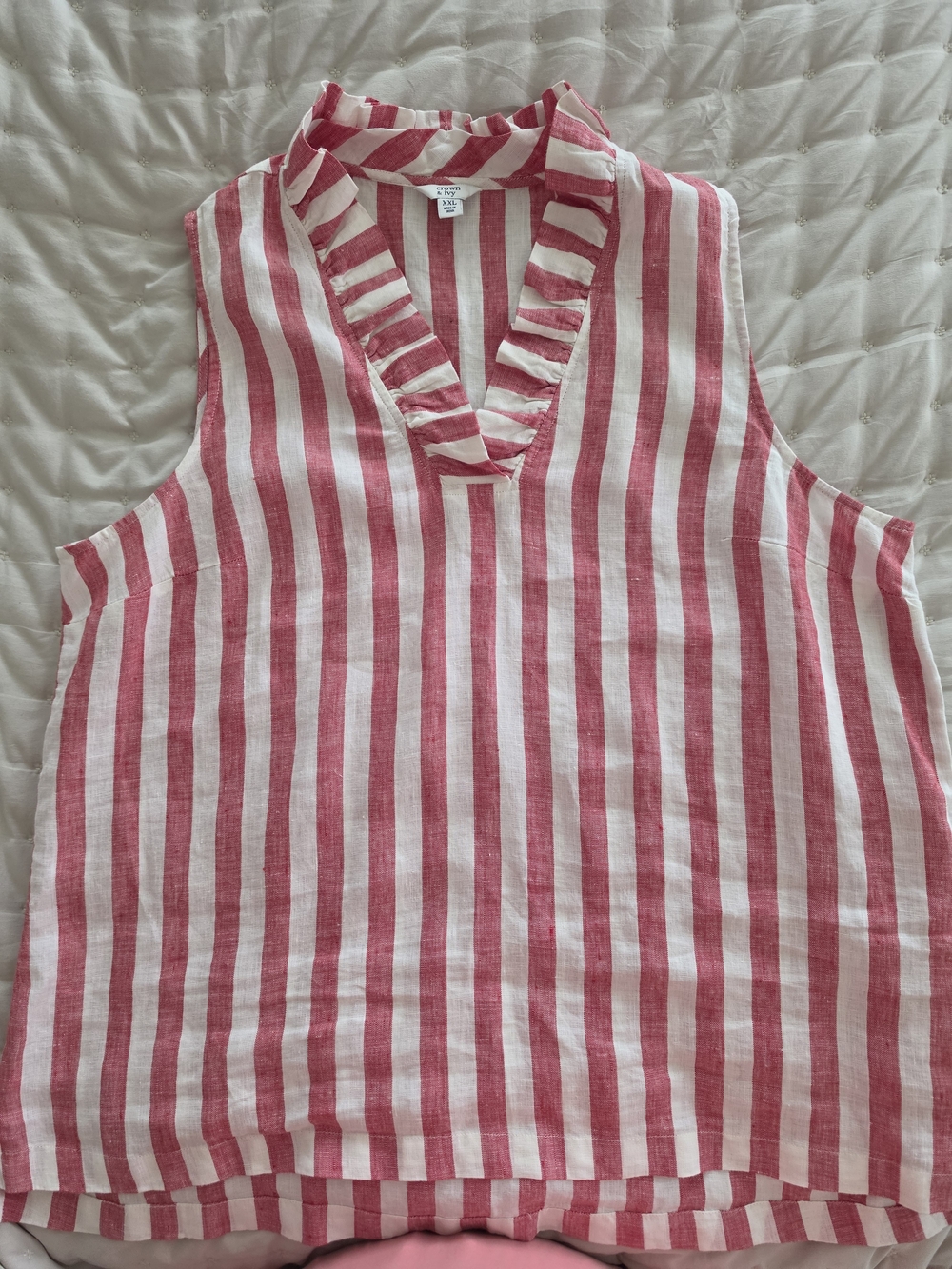 Crown And Ivy Sleeveless Red Stripe Ruffle V-Neck Top